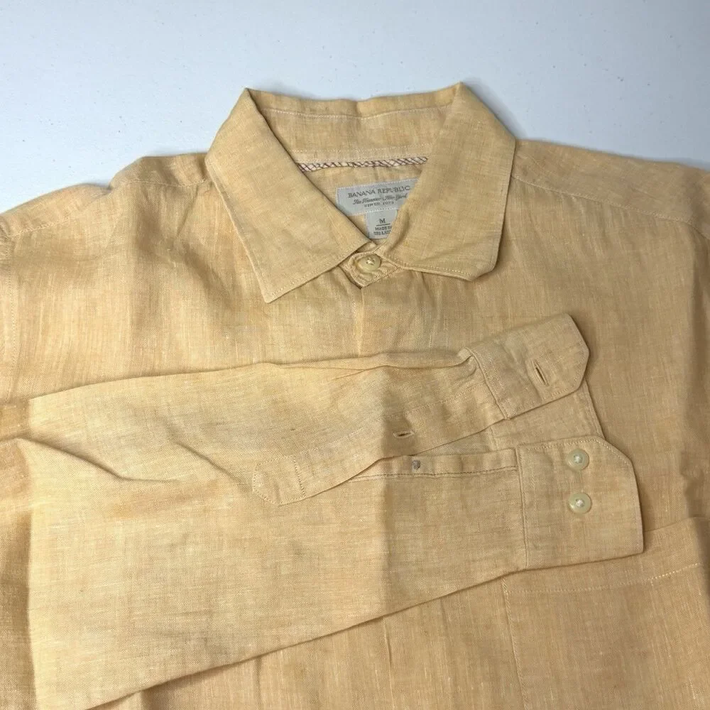 Banana Republic Men's M Linen Long Sleeve Button Up Shirt Yellow Peach Peach